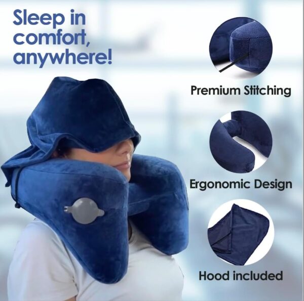 Inflatable Neck Pillow for Traveling, Turtle Neck Pillow for Airplane Travel w/Travel Bag & Hood - Soft Microfiber Neck Pillow, Travel Accessory - Quickly Inflate in Seconds (Blue) - Image 3